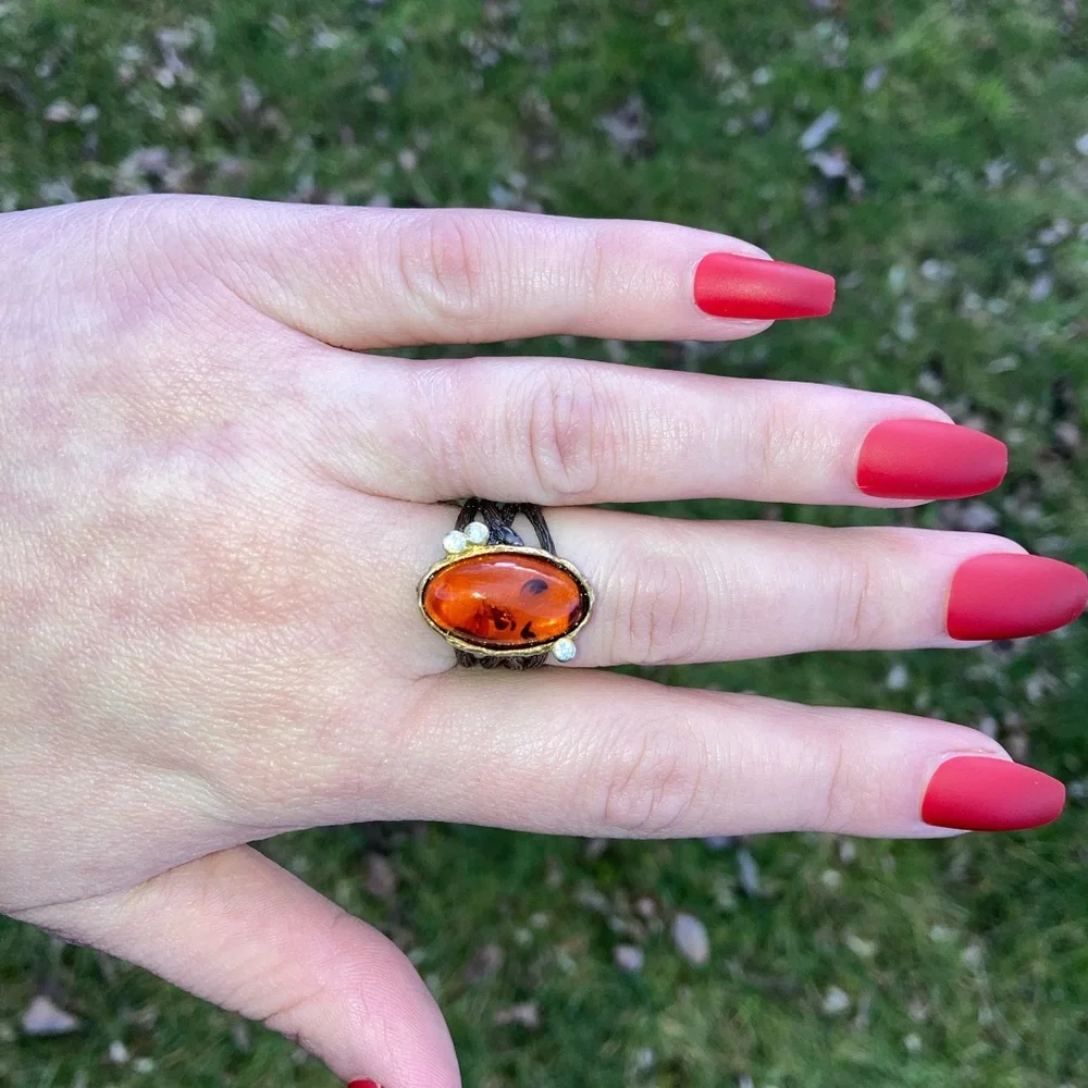 Natural Oval Amber Gemstone Ring Sz 7.75 Silver with Black Rhodium Gold - Picture 7 of 8